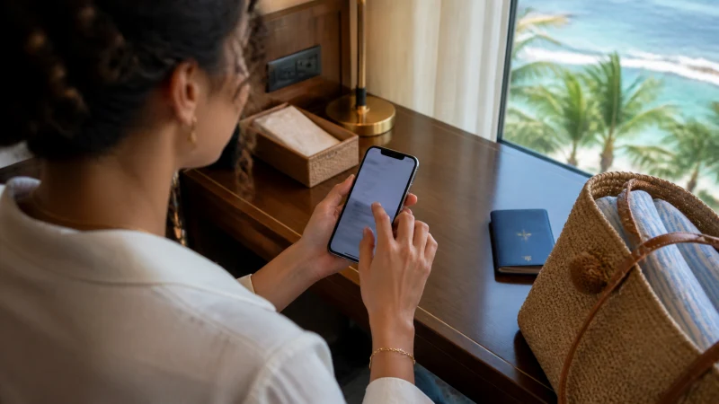 Traveller installing an eSIM at a hotel desk in Nassau