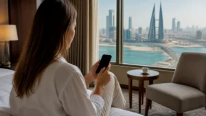 Traveller using a smartphone in Bahrain for install esim bahrain