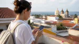 Traveller using a smartphone in Colombia for how to install a colombia esim before you fly