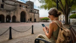 Traveller using a smartphone in the Dominican Republic for install esim dominican republic