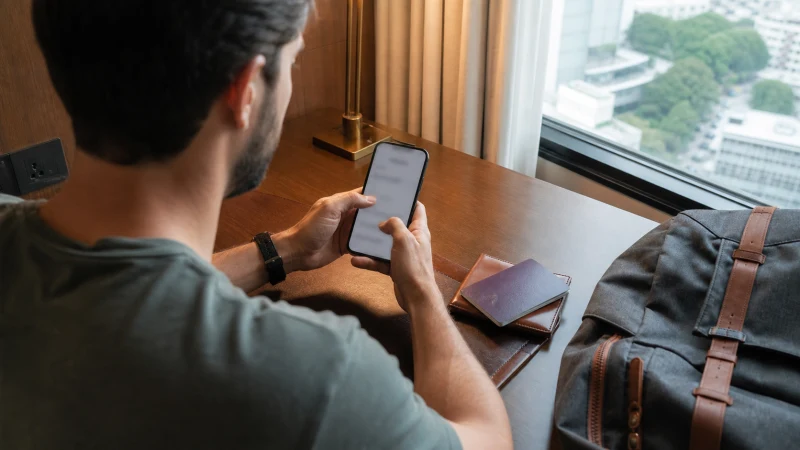 Traveller installing an eSIM at a hotel desk in Accra