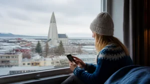 Traveller using a smartphone in Iceland