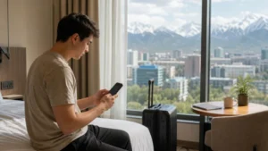 Traveller installing a Kazakhstan eSIM from a second device before departure.