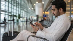 Traveller using a smartphone in a Kuwait setting related to how to install a kuwait esim before you fly
