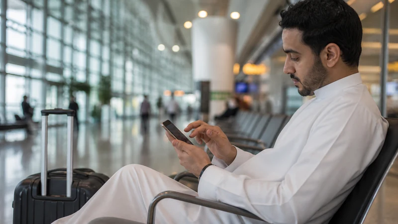 Traveller using a smartphone in a Kuwait setting related to how to install a kuwait esim before you fly