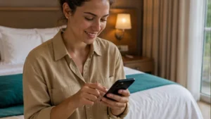 Traveller using a smartphone in Mauritius while researching how to install an esim for mauritius