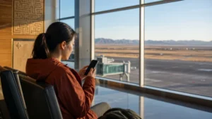 Traveller using a smartphone in Mongolia for install esim mongolia