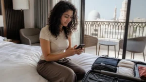 Traveller using a smartphone during phone installation in a Muscat hotel room