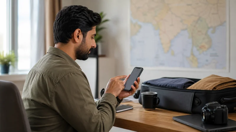 Traveller installing an eSIM on a smartphone before a Pakistan trip