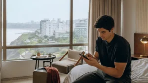 Traveller using a smartphone in Peru for install esim peru