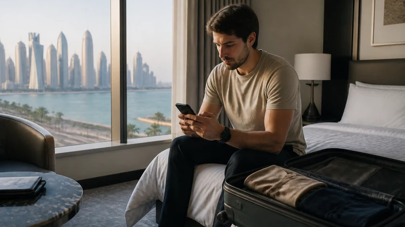 Traveller using a smartphone in a calm Doha hotel room before departure
