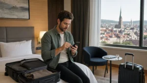 Traveller using a smartphone during how to install an esim for romania in Romania.