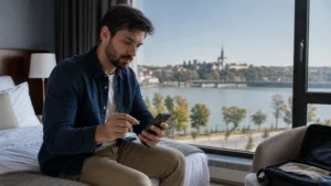 Traveller using a smartphone during how to install an esim for serbia in Serbia.