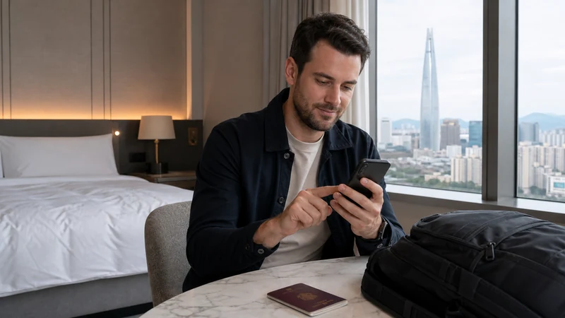 Traveller installing an eSIM in a Seoul hotel room
