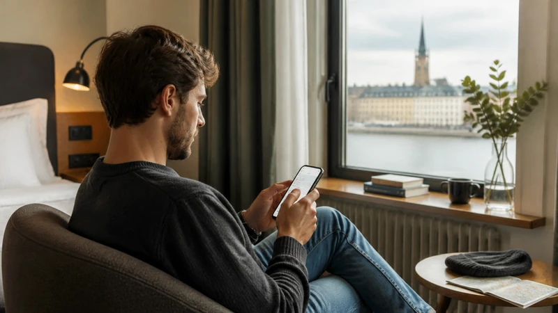 Traveller using a smartphone while preparing for how to install an esim for sweden before you travel