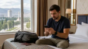 Traveller installing an eSIM in a Dushanbe hotel room