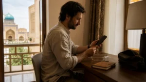 Traveller installing an eSIM at a Bukhara hotel desk