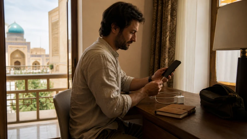 Traveller installing an eSIM at a Bukhara hotel desk