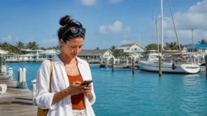 Traveller using a smartphone at a marina in The Abacos