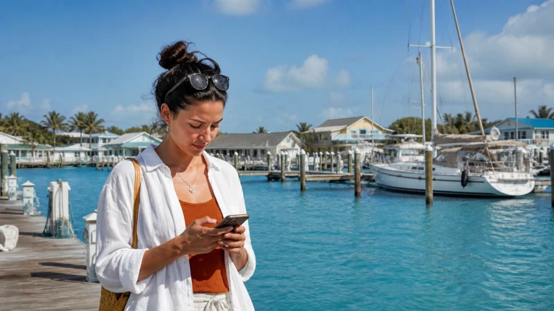 Traveller using a smartphone at a marina in The Abacos