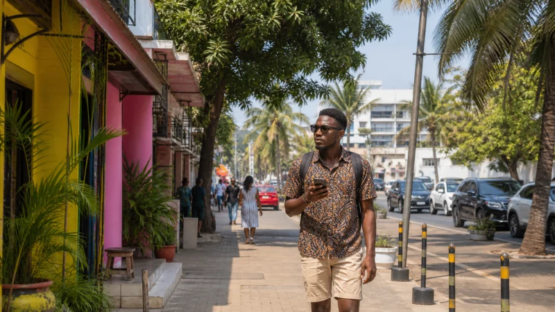 Tourist using a smartphone on a lively street in Accra