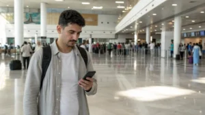 Traveller using a smartphone inside Algiers Airport