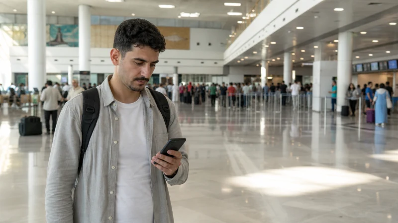 Traveller using a smartphone inside Algiers Airport