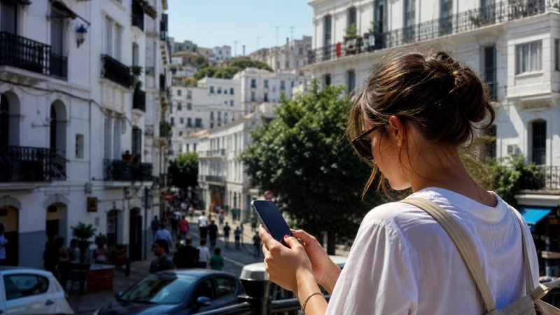 Tourist using mobile internet in Algiers