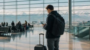 Traveller using mobile internet inside Almaty Airport.