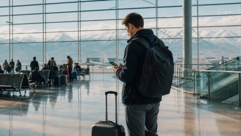Traveller using mobile internet inside Almaty Airport.