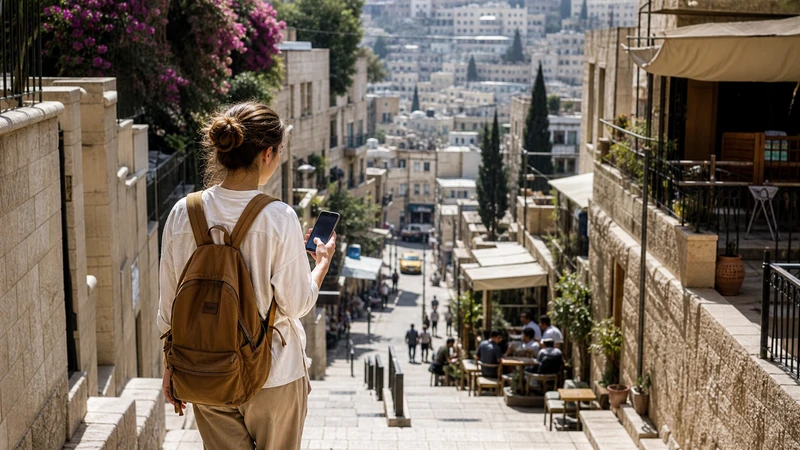 Traveller using a smartphone in Jordan for internet in amman for tourists: esim, wi-fi and mobile data