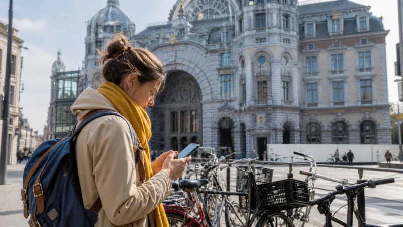 Traveller using a smartphone during a trip in Belgium