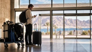 Traveller using a smartphone in Jordan for internet at aqaba airport: wi-fi, sim and esim guide