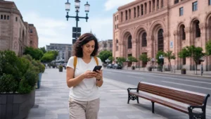 Tourist using a smartphone for directions in central Yerevan
