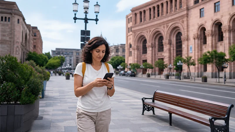 Tourist using a smartphone for directions in central Yerevan