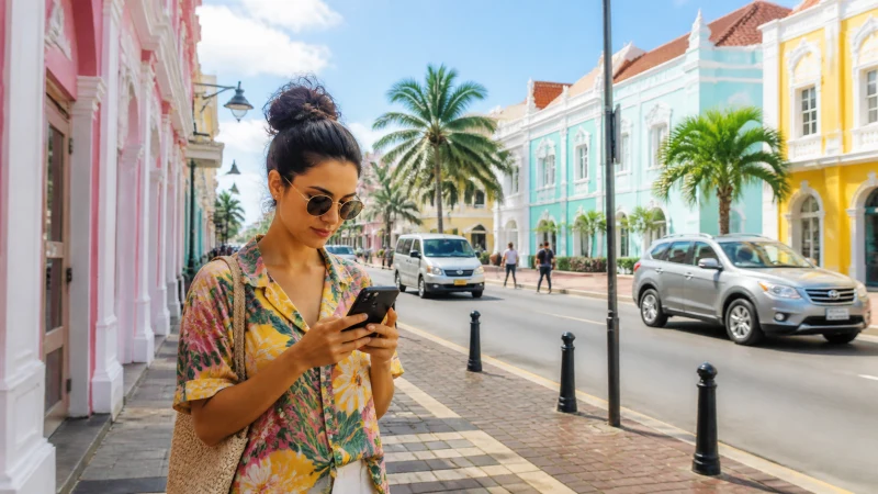 Traveller using a smartphone on a colourful street in Oranjestad Aruba
