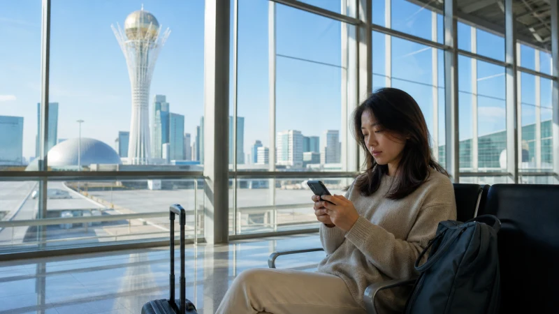 Traveller using a smartphone inside Astana Airport.