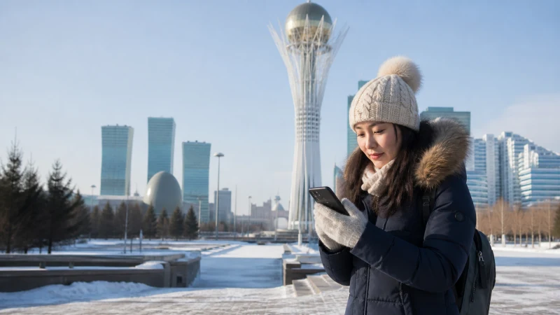 Winter traveller using a smartphone near Baiterek in Astana.