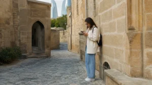 Traveller using mobile internet while exploring central Baku