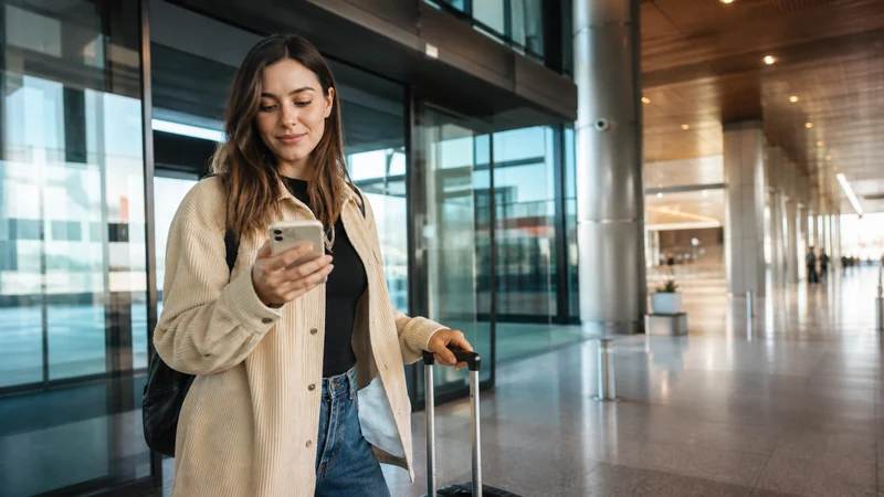 Traveller using a smartphone in Bahrain for internet bahrain airport