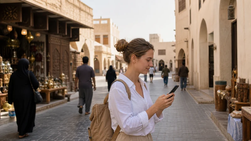 Traveller using a smartphone in Bahrain for internet bahrain tourists
