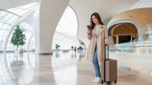 Arriving traveller using a smartphone at Baku Airport