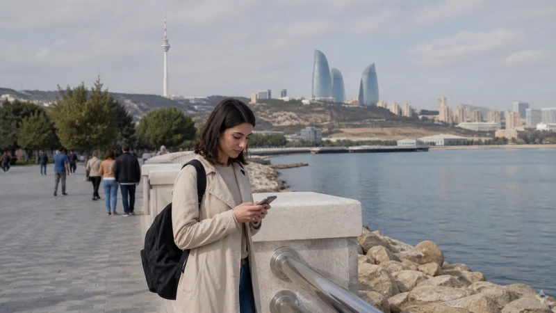 Traveller using mobile internet beside the Baku Flame Towers