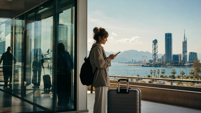 Traveller using a smartphone in the arrivals area of Batumi International Airport