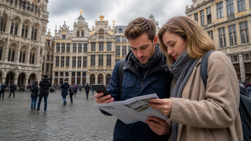 Traveller using a smartphone during a trip in Belgium