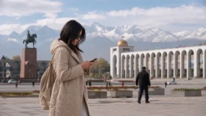 Traveller using a smartphone in Kyrgyzstan for internet bishkek tourists
