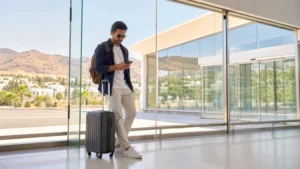 Traveller using a smartphone with luggage at Bodrum Airport in Turkey.