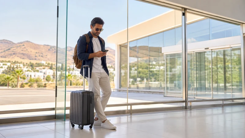 Traveller using a smartphone with luggage at Bodrum Airport in Turkey.