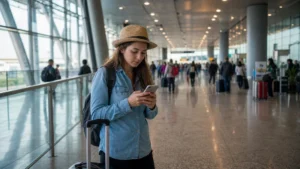Traveller using a smartphone in Colombia for how to get online at bogotá airport