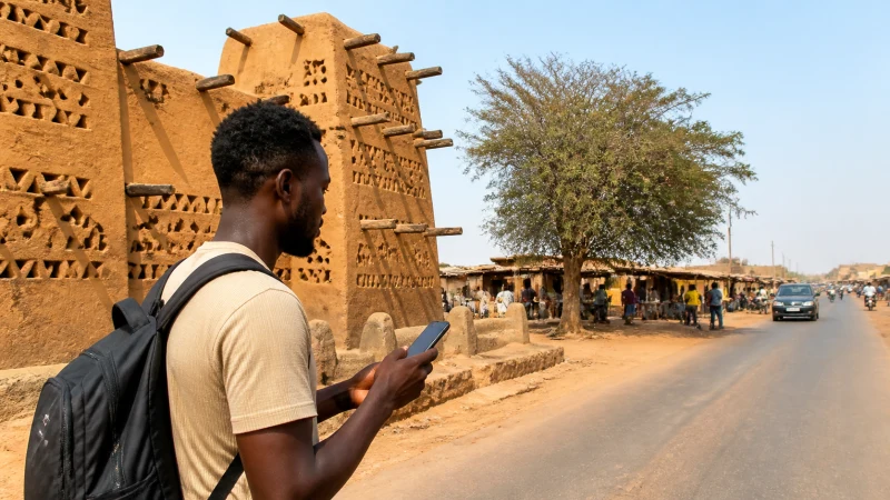 Traveller using a smartphone near traditional architecture in Bolgatanga